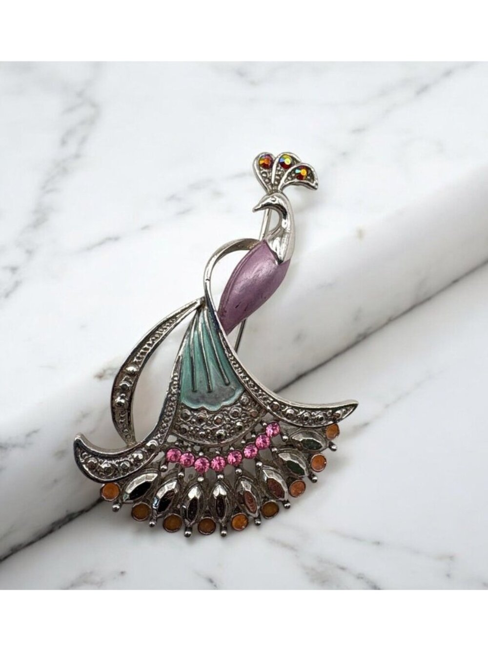 Peacock Bird Brooch Pin Silver Tone with Rhinestones Colorful Plume Tail